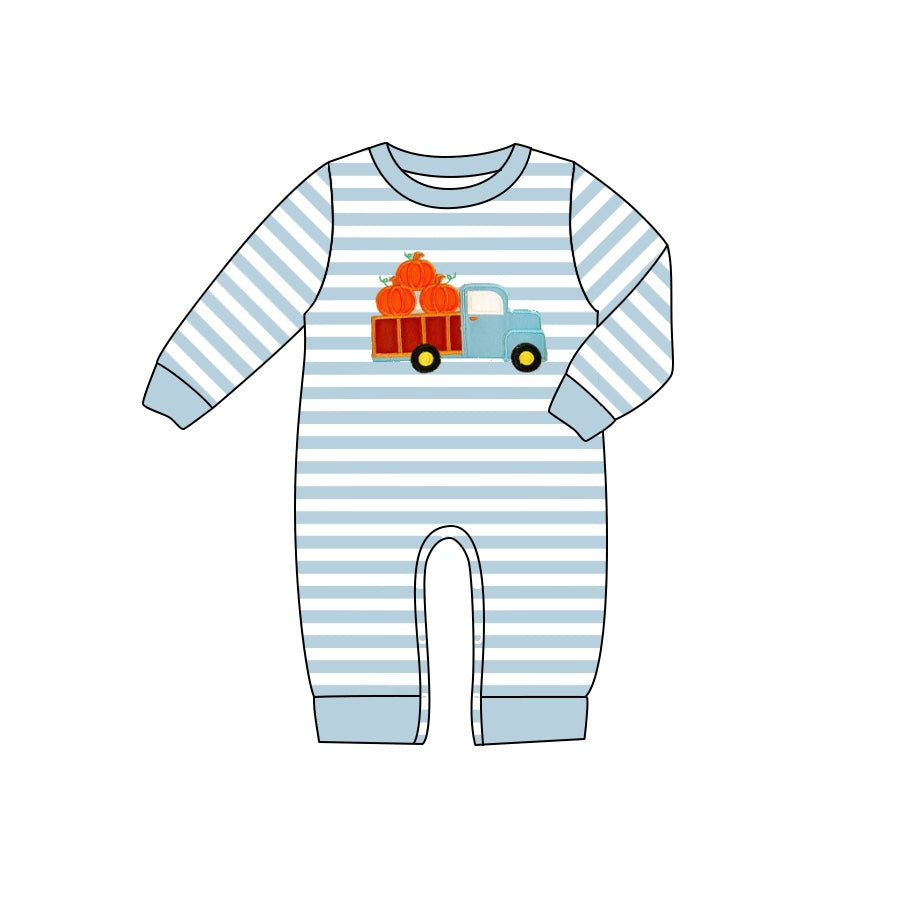 (Pre-order)LR1023 Pumpkin Truck Stripes Print Baby Boys Fall Romper