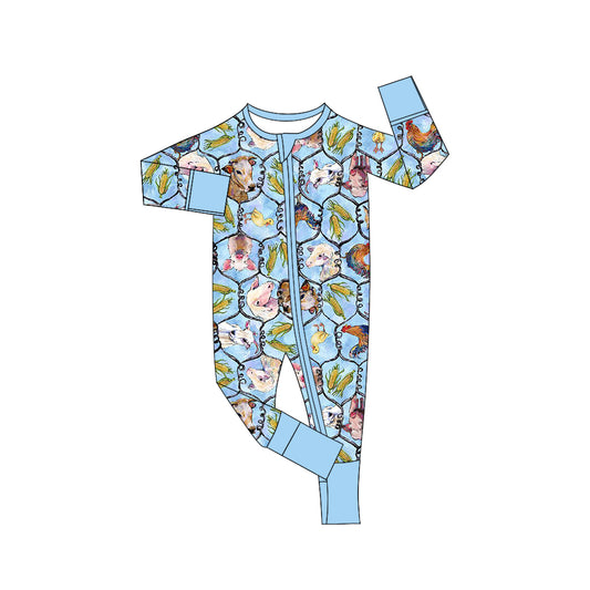 (Pre-order)LR1031 Farm Animals Print Baby Fall Sleeper Zipper Romper