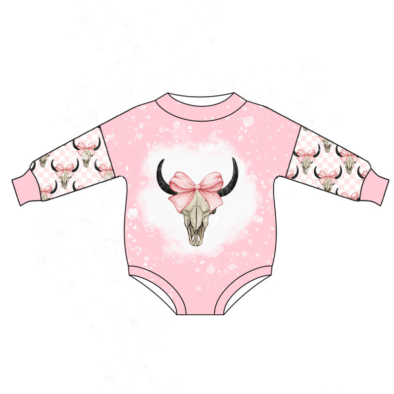 (Pre-order)LR1034 Cow Skull Bows Print Baby Girls Fall Romper