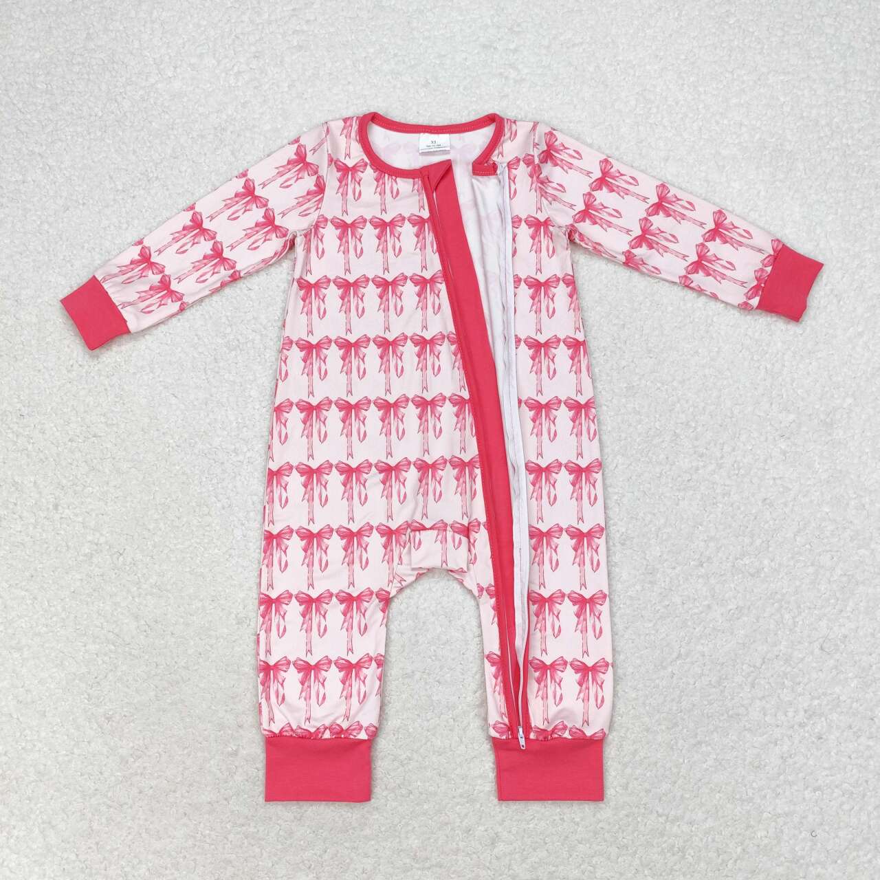LR1035 Pink Bows Print Baby Girls Fall Sleeper Zipper Romper