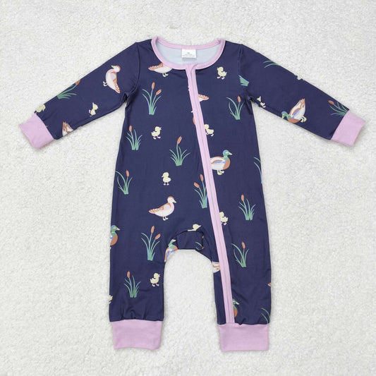 LR1036 Duck Print Baby Girls Fall Sleeper Zipper Romper