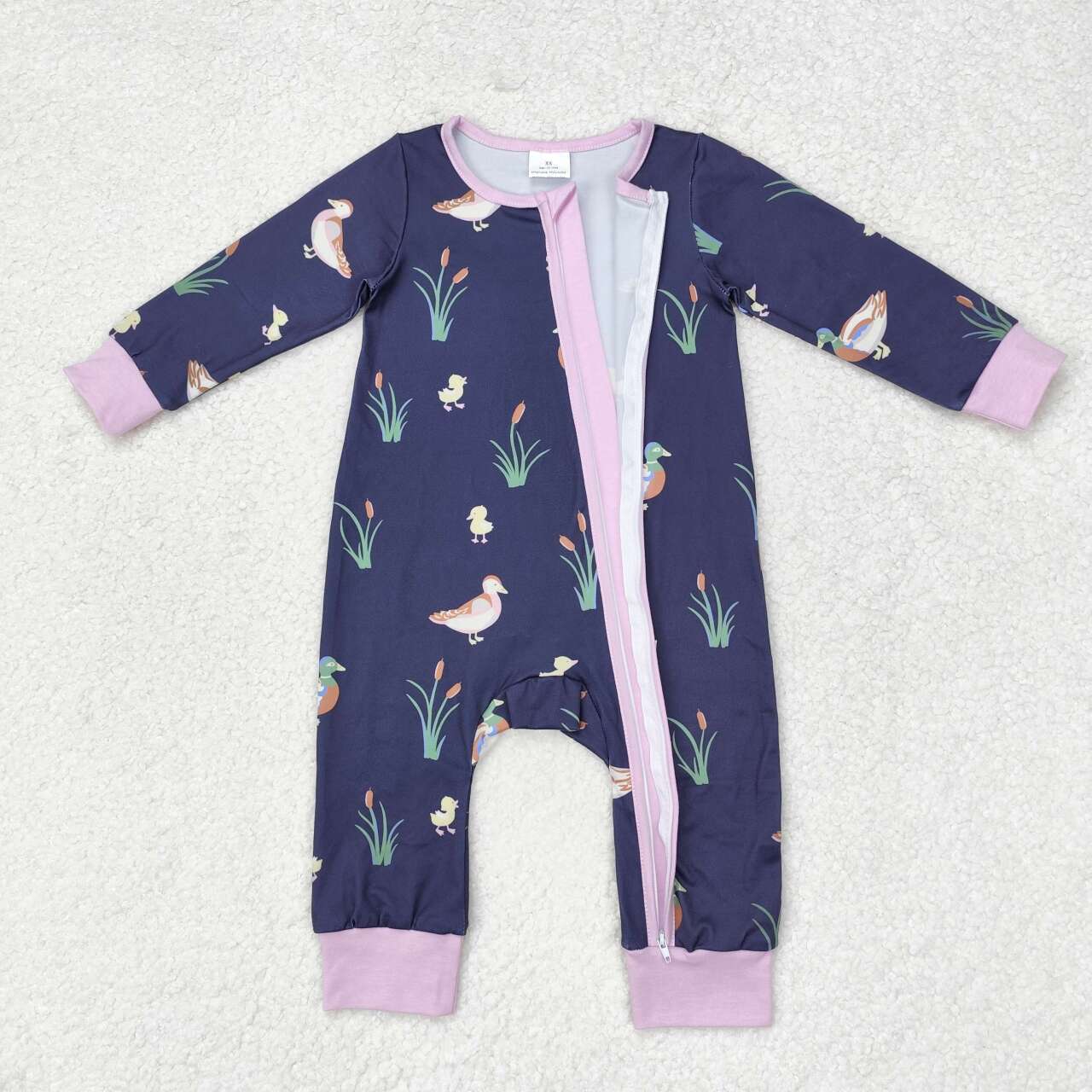 LR1036 Duck Print Baby Girls Fall Sleeper Zipper Romper