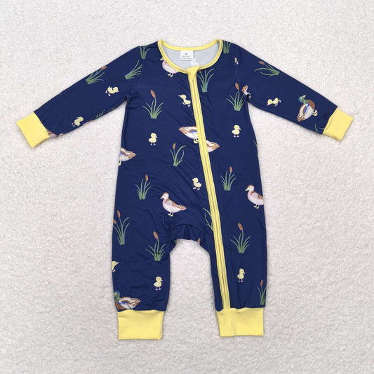 LR1037 Duck Print Baby Boys Fall Sleeper Zipper Romper