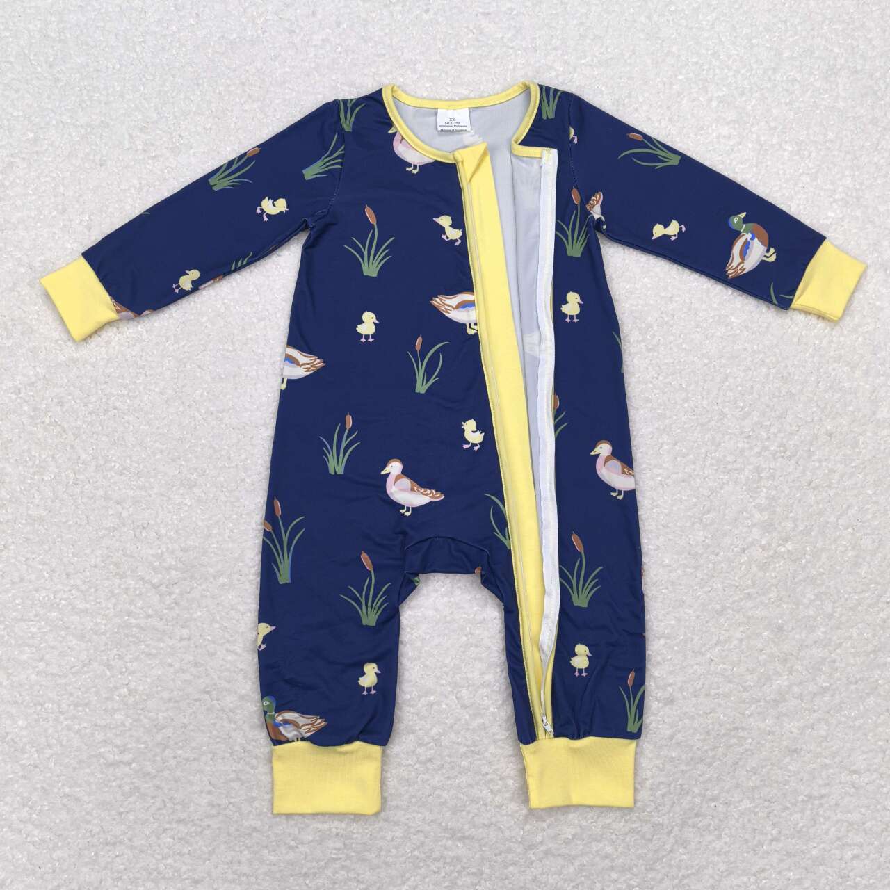 LR1037 Duck Print Baby Boys Fall Sleeper Zipper Romper