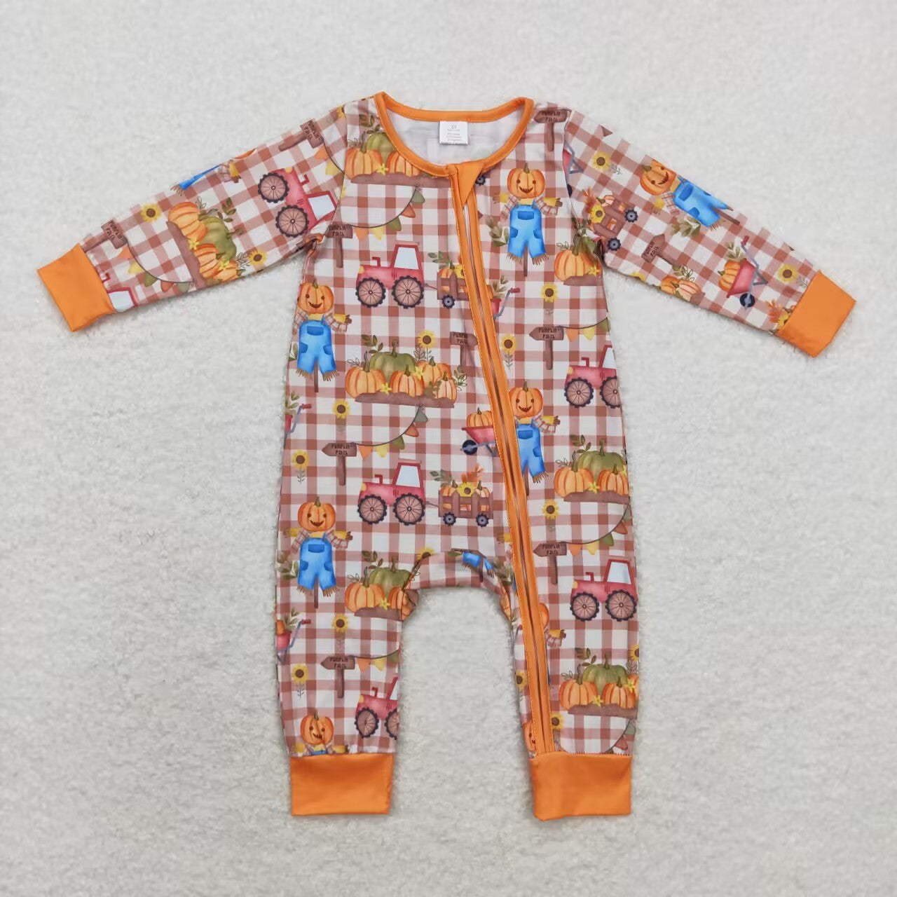 LR1046 Pumpkin Tractors Print Baby Boys Fall Bamboo Sleeper Zipper Romper