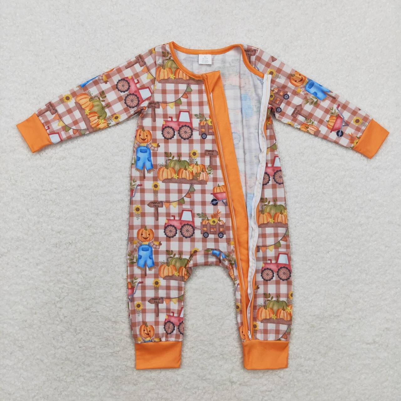 LR1046 Pumpkin Tractors Print Baby Boys Fall Bamboo Sleeper Zipper Romper