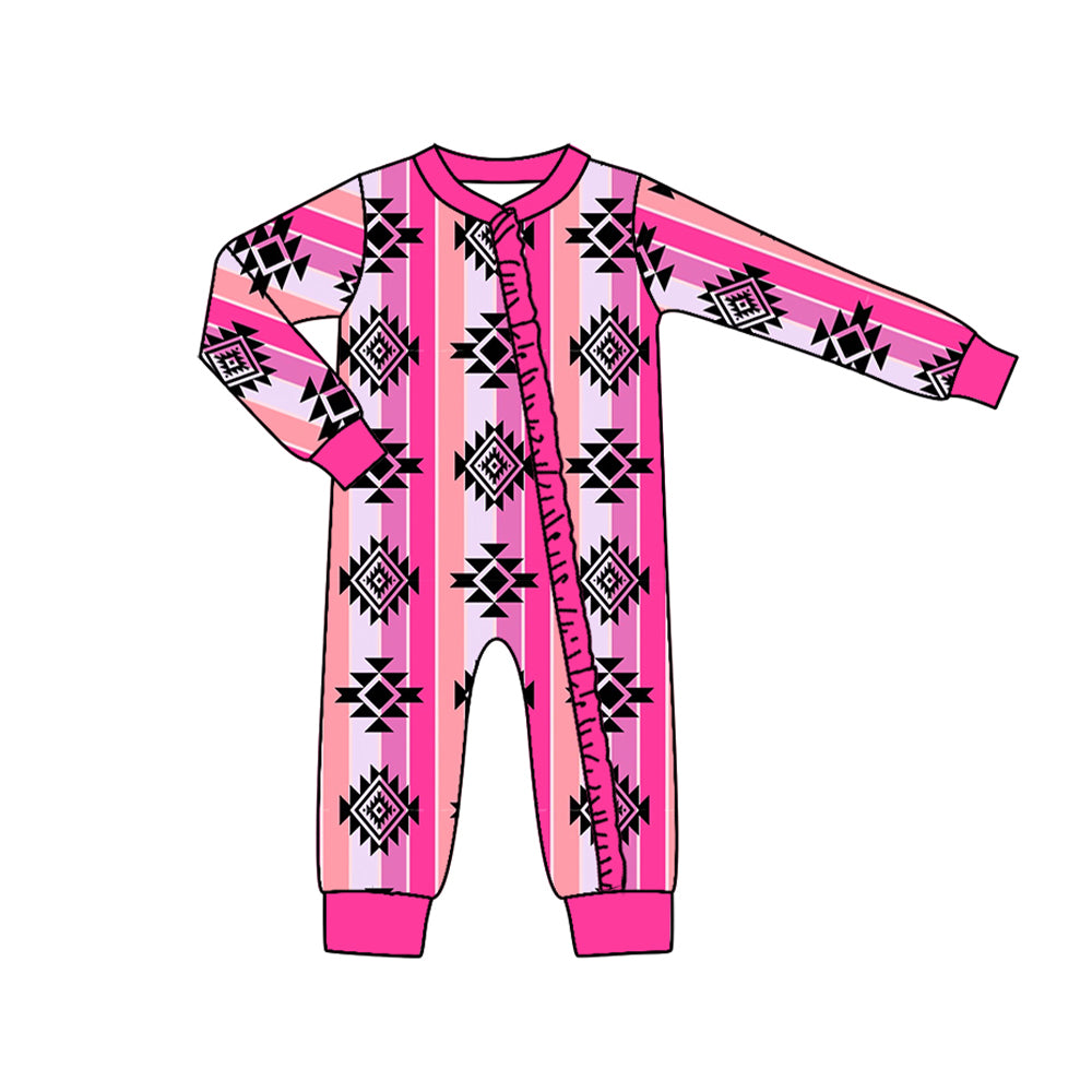 (Pre-order)LR1048 Hotpink Aztec Print Baby Girls Western Sleeper Zipper Romper