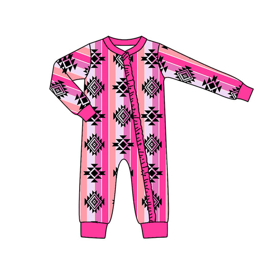 (Pre-order)LR1048 Hotpink Aztec Print Baby Girls Western Sleeper Zipper Romper