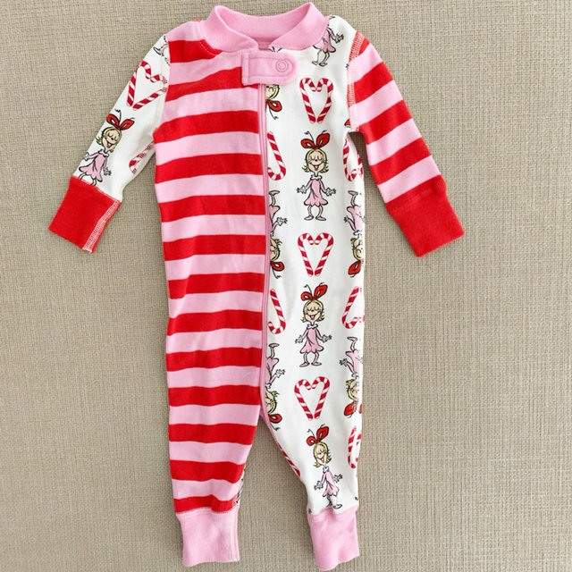 (Pre-order)LR1058 Candy Cane Red Stripes Print Baby Girls Christmas Sleeper Zipper Romper