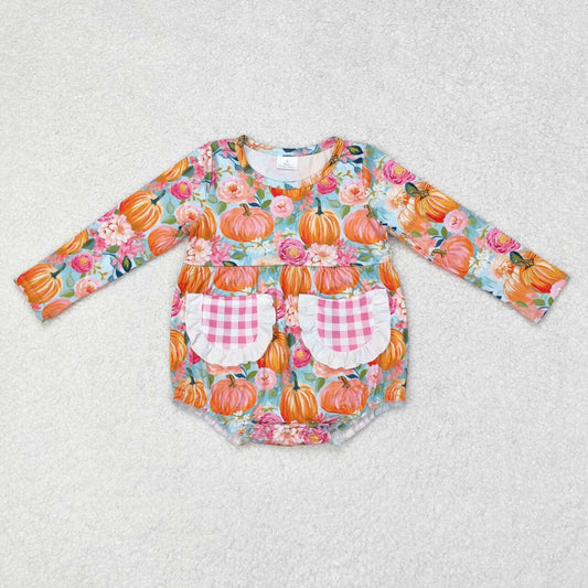 LR1059 Pumpkin Flowers Print Pockets Baby Girls Fall Romper