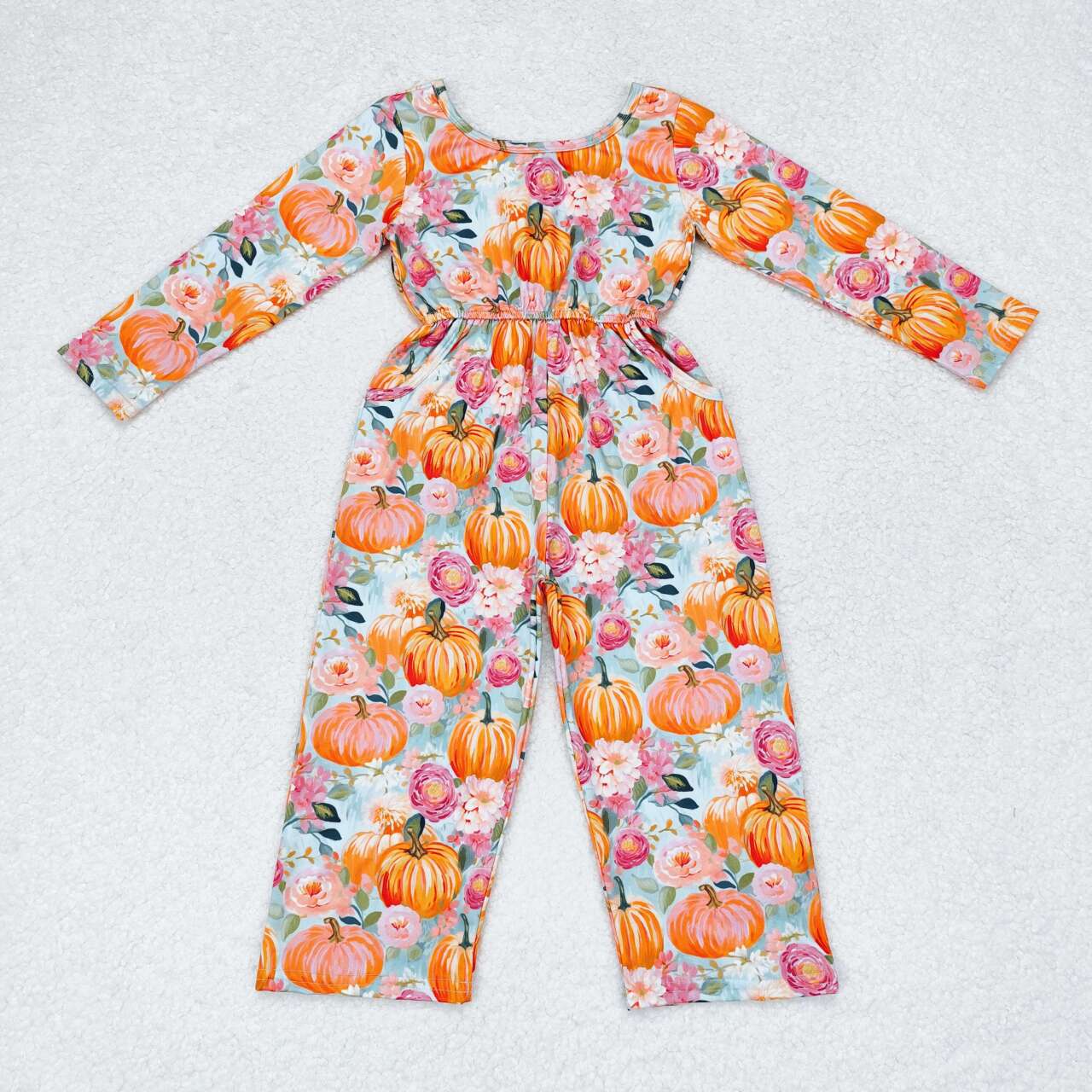 LR1060 Pumpkin Flowers Print Pockets Girls Fall Jumpsuits