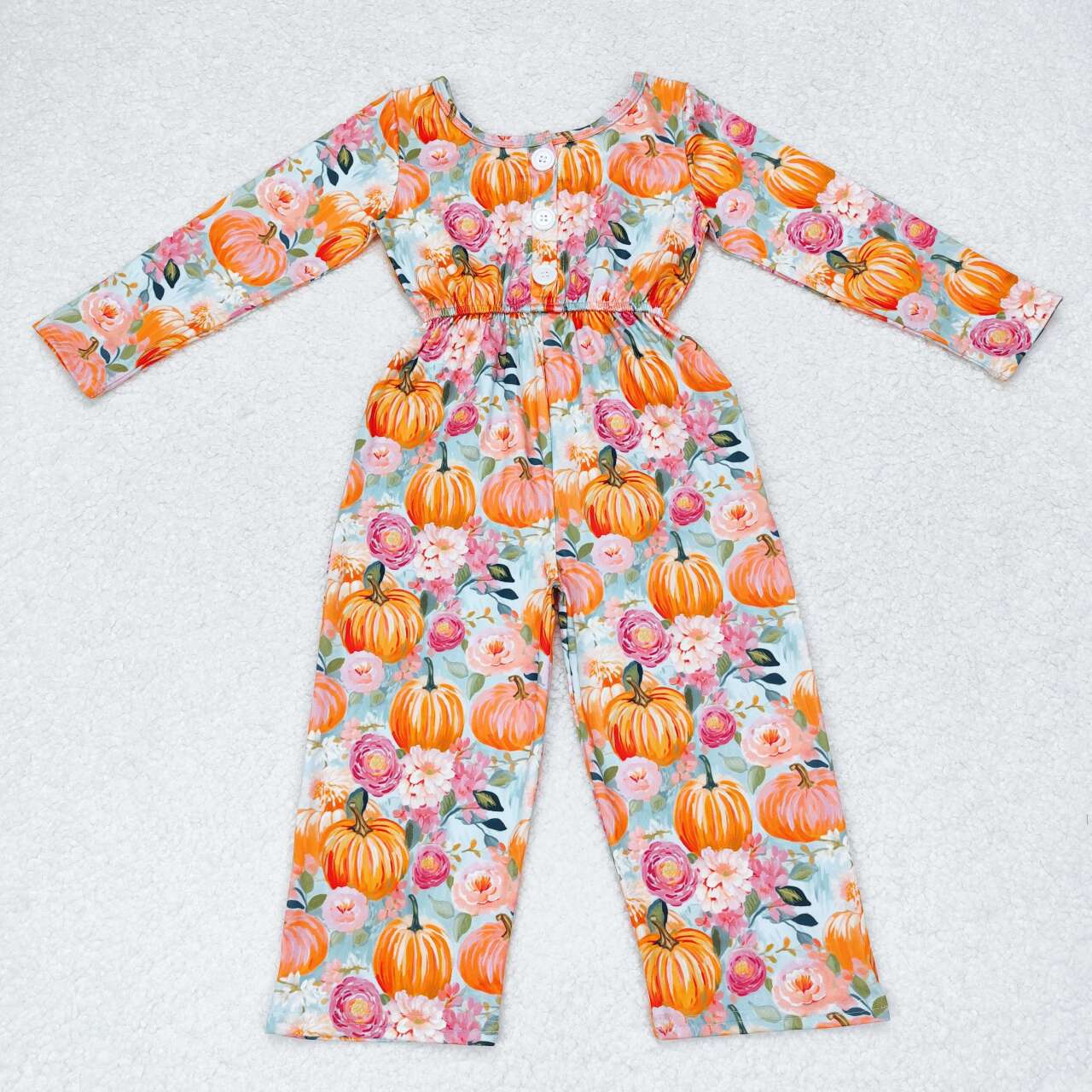 LR1060 Pumpkin Flowers Print Pockets Girls Fall Jumpsuits