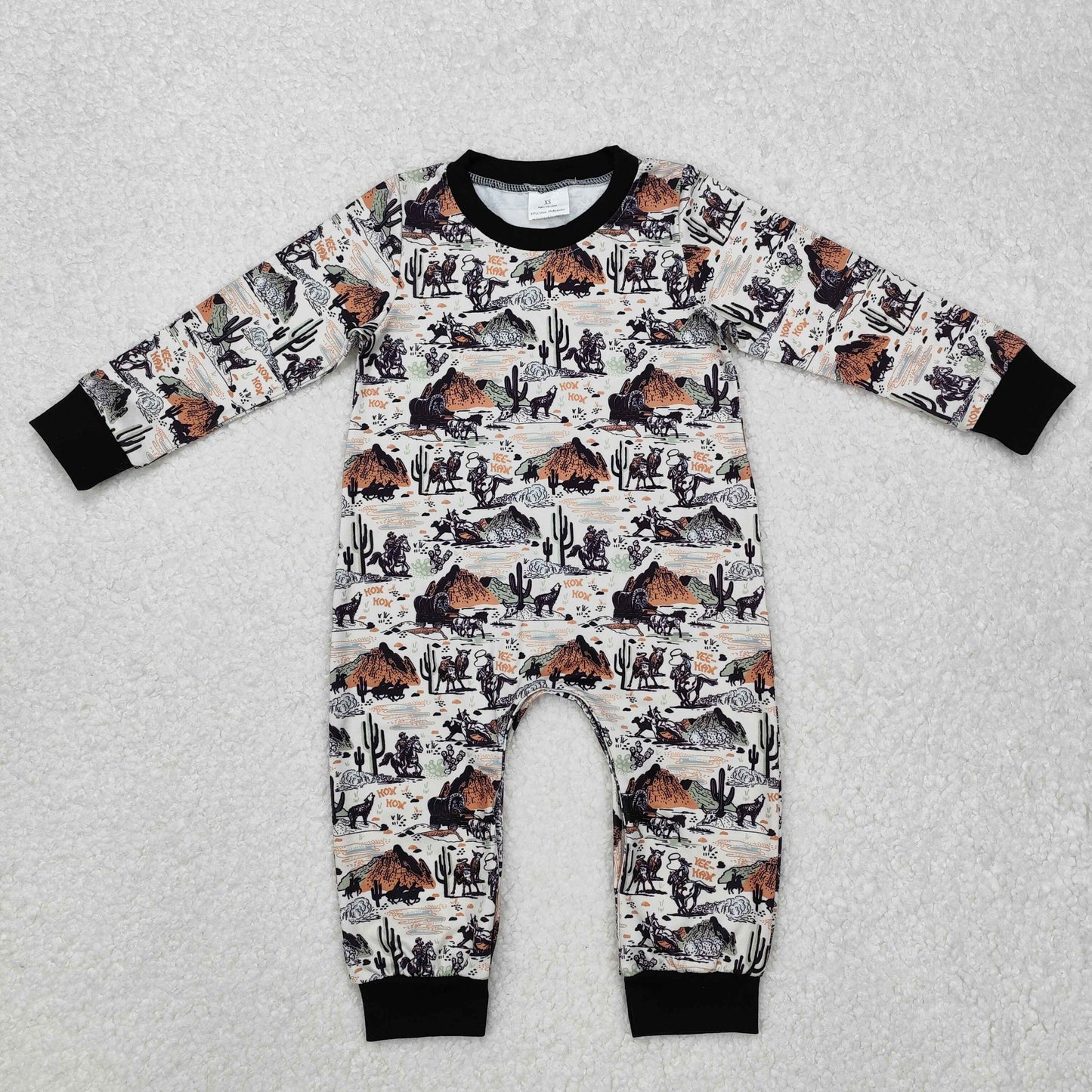 LR1064 Cowboy Cactus Western Print Baby Boys Long Sleeve Romper