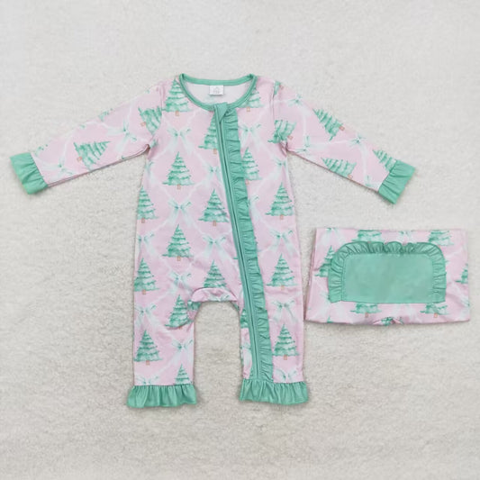 LR1073 Christmas Tree Pink Print Baby Girls Bamboo Sleeper Zipper Romper