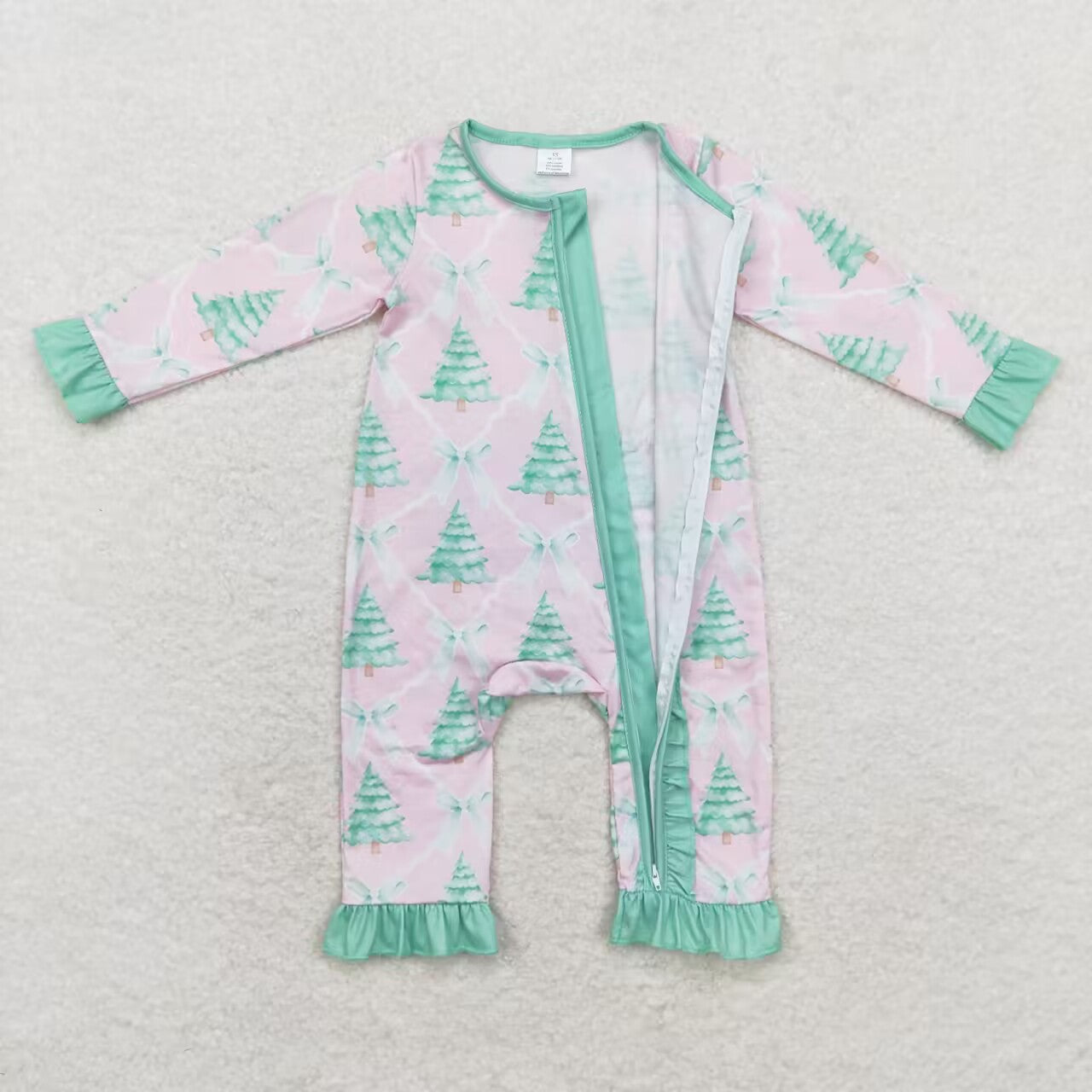 LR1073 Christmas Tree Pink Print Baby Girls Bamboo Sleeper Zipper Romper