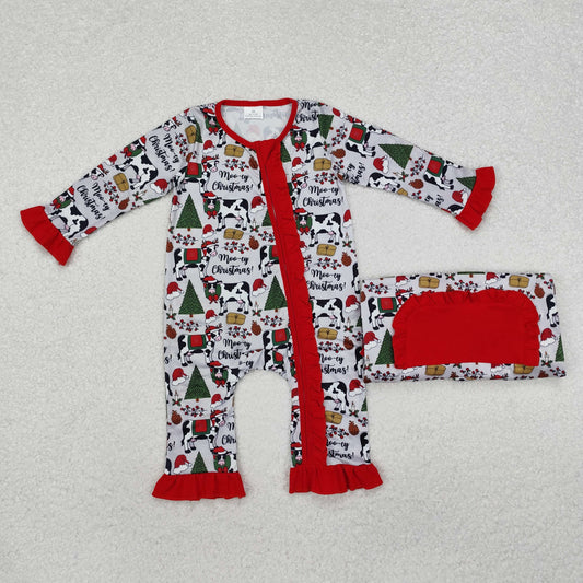 LR1074 Moo~Cow Print Baby Girls Christmas Sleeper Zipper Romper