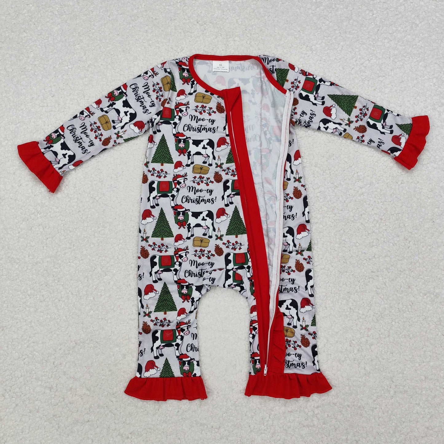 LR1074 Moo~Cow Print Baby Girls Christmas Sleeper Zipper Romper