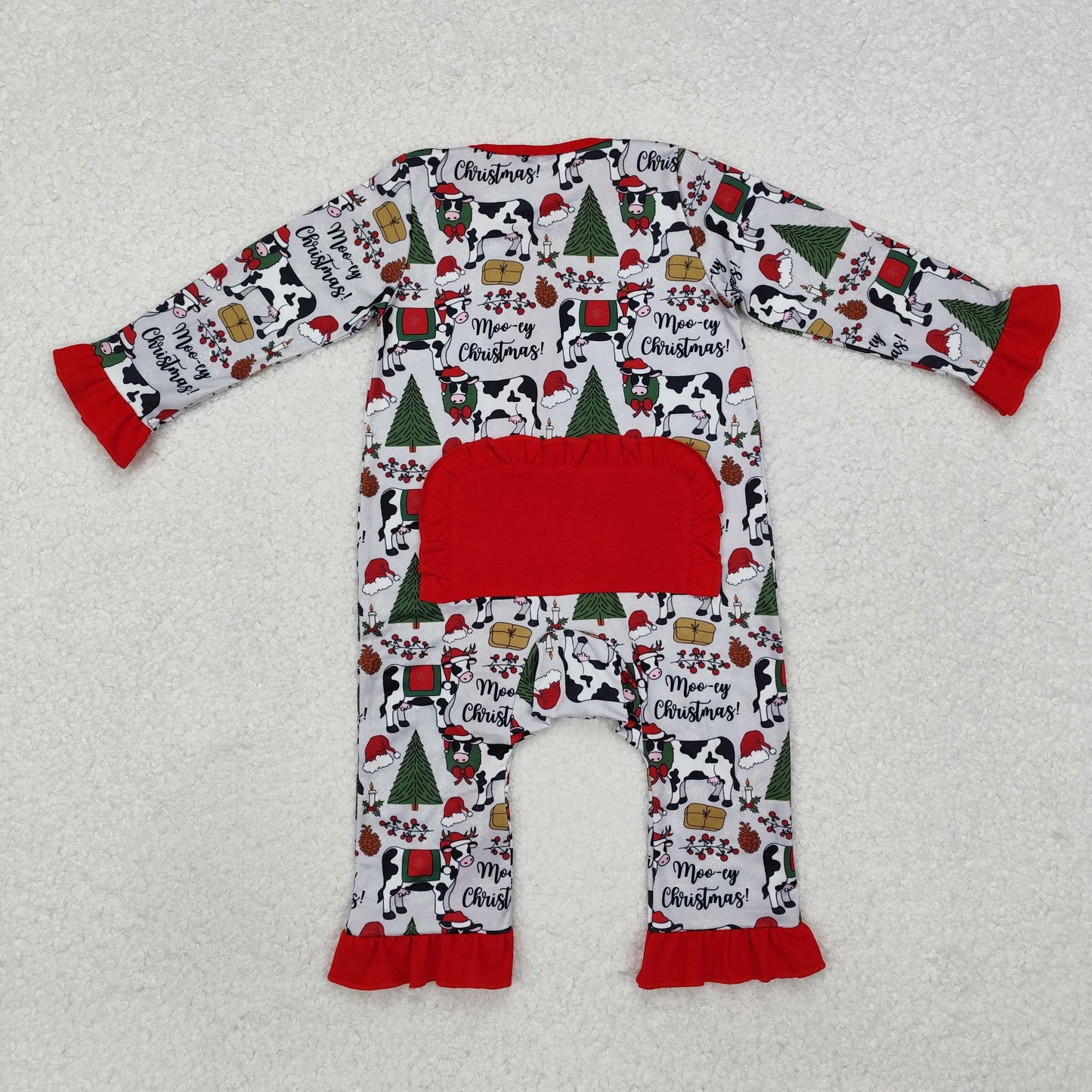 LR1074 Moo~Cow Print Baby Girls Christmas Sleeper Zipper Romper