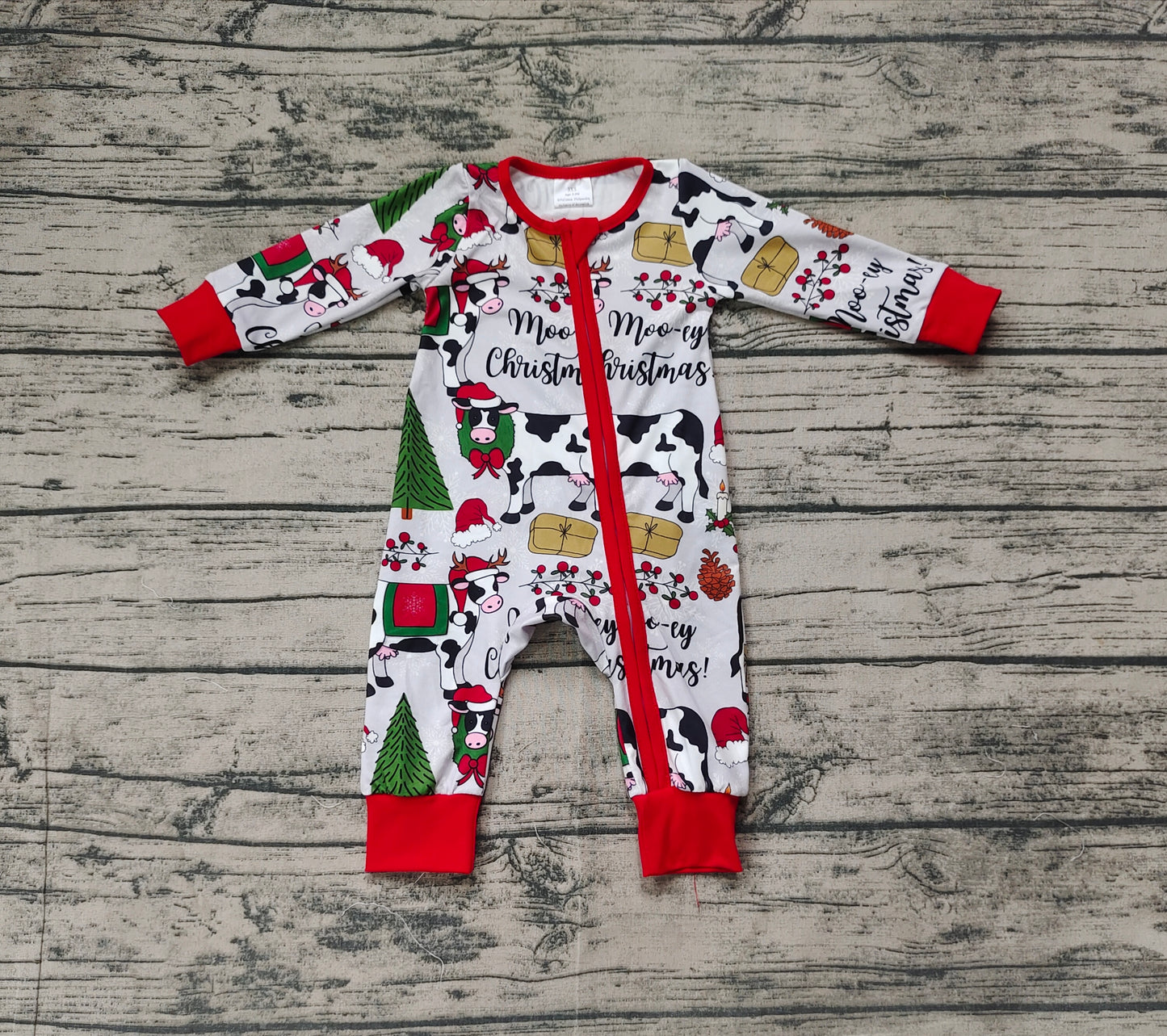 (Pre-order)LR1075 Moo~Cow Print Baby Boys Christmas Sleeper Zipper Romper