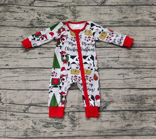 (Pre-order)LR1075 Moo~Cow Print Baby Boys Christmas Sleeper Zipper Romper