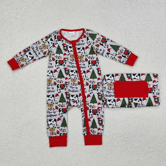 LR1075 Moo~Cow Print Baby Boys Christmas Sleeper Zipper Romper