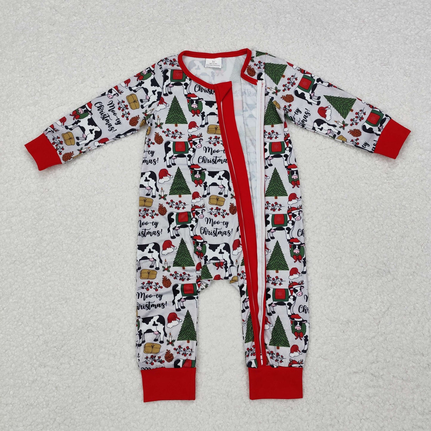 LR1075 Moo~Cow Print Baby Boys Christmas Sleeper Zipper Romper