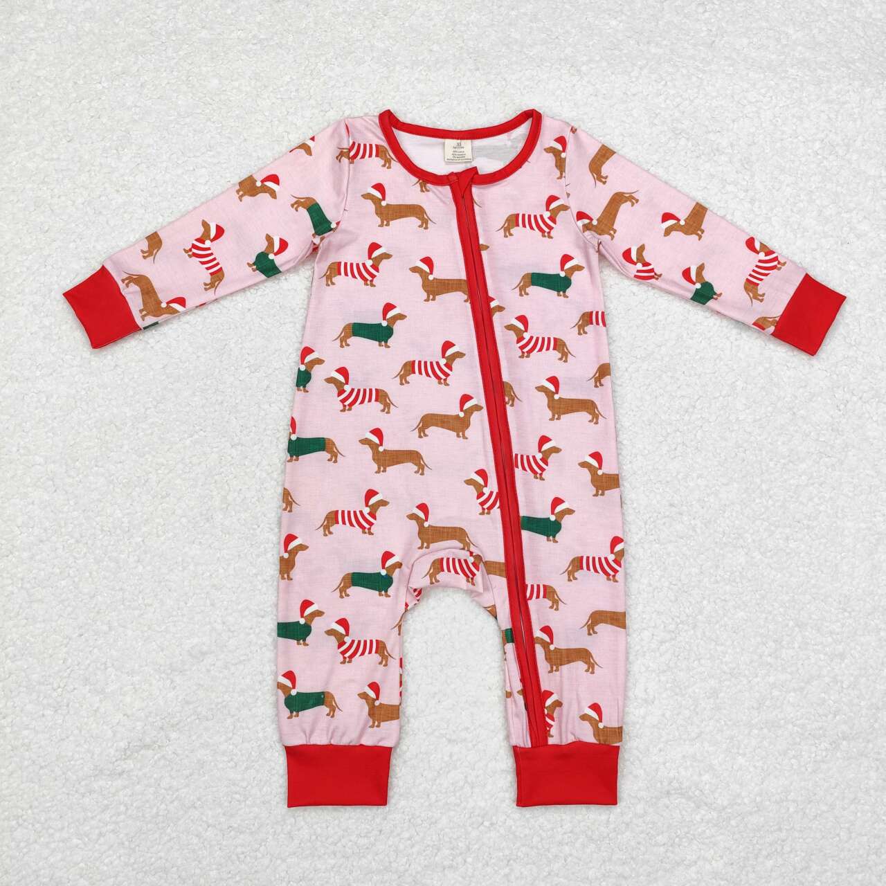 LR1081 Dachshund Print Baby Girls Christmas Bamboo Sleeper Zipper Romper