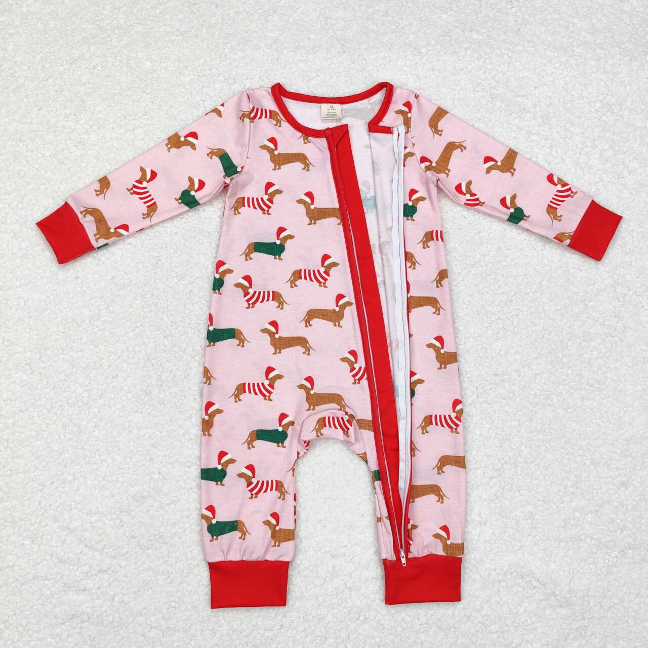 LR1081 Dachshund Print Baby Girls Christmas Bamboo Sleeper Zipper Romper