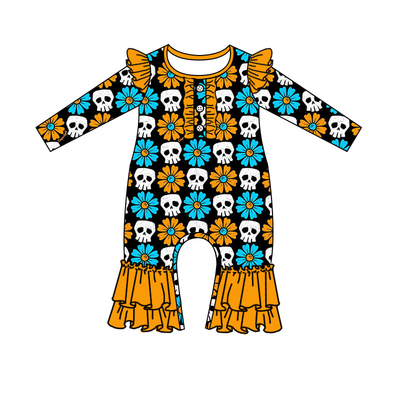 (Pre-order)LR1083 Skull Flowers Print Baby Girls Halloween Romper