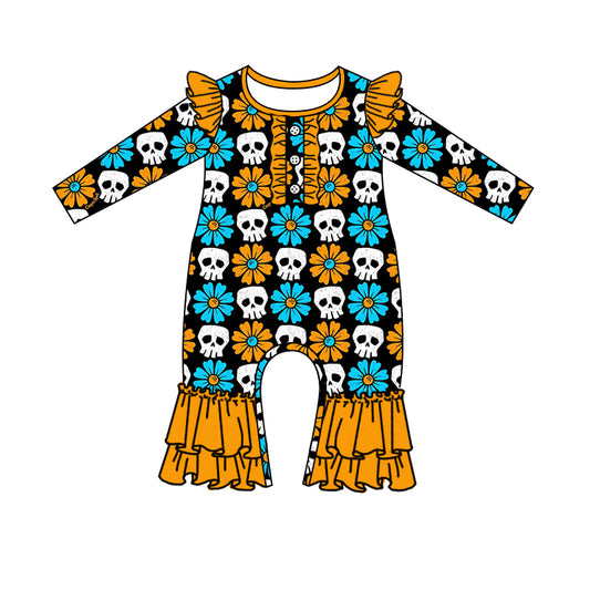 (Pre-order)LR1083 Skull Flowers Print Baby Girls Halloween Romper