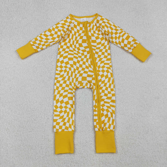 LR1089 Yellow Plaid Print Baby Girls Fall Sleeper Zipper Romper