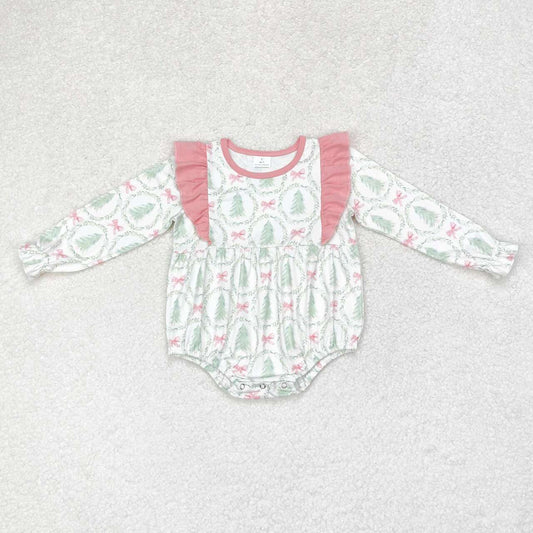 LR1105 Christmas Tree Bows Print Baby Girls Romper