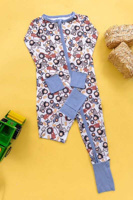 (Pre-order)LR1106 Tractors Print Baby Boys Fall Sleeper Zipper Romper