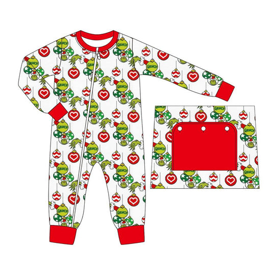 (Pre-order)LR1112 Green Frog Lights Print Baby Boys Christmas Sleeper Zipper Romper