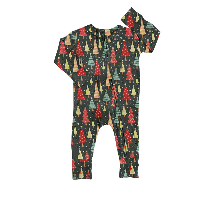 (Pre-order)LR1114 Christmas Tree Print Baby Boys Christmas Sleeper Zipper Romper