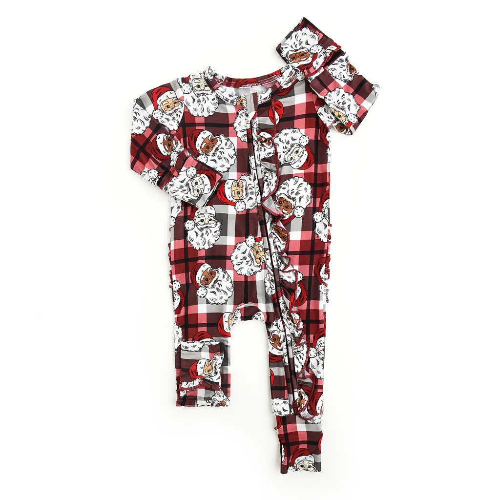 (Pre-order)LR1117 Santa Print Baby Girls Christmas Sleeper Zipper Romper