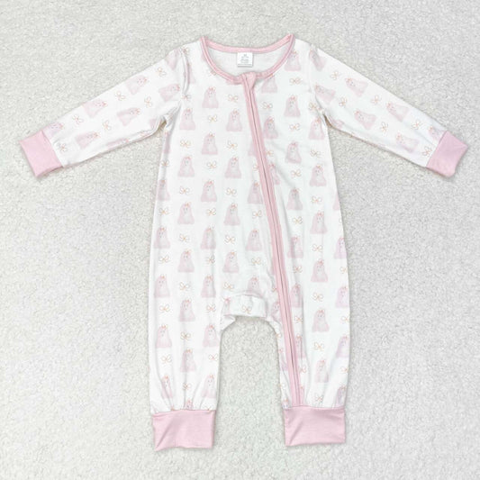 LR1124 Pink Ghost Print Baby Girls Halloween Bamboo Sleeper Zipper Romper