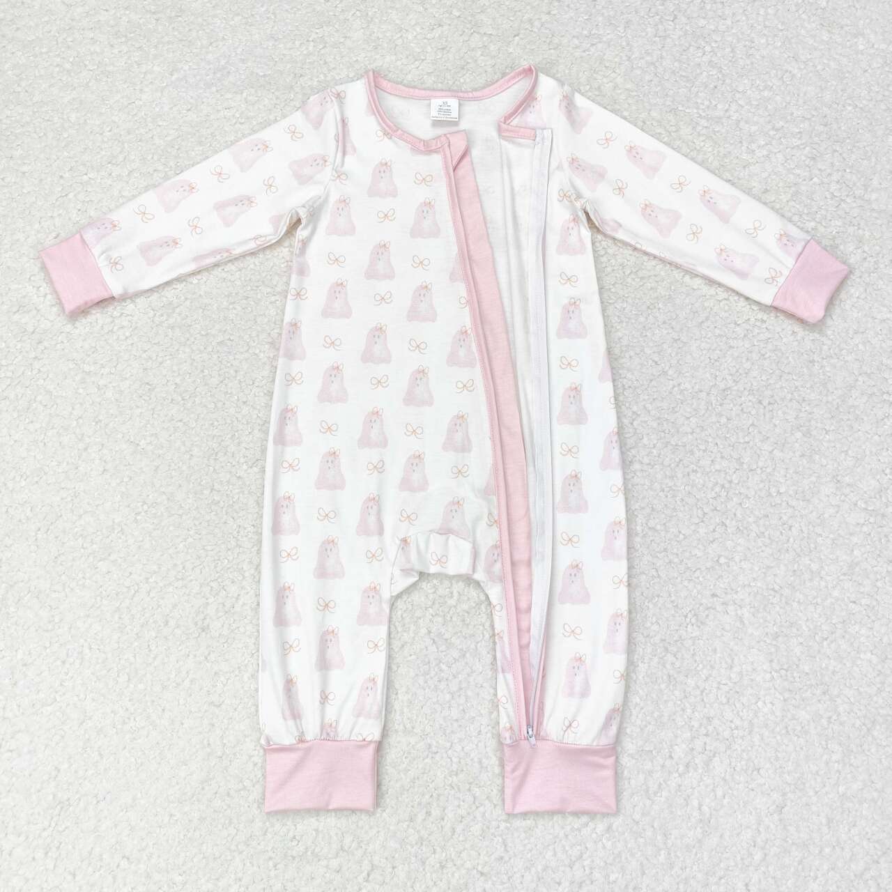 LR1124 Pink Ghost Print Baby Girls Halloween Bamboo Sleeper Zipper Romper