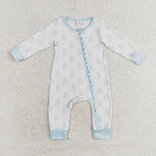 LR1125 Blue Ghost Print Baby Boys Halloween Bamboo Sleeper Zipper Romper