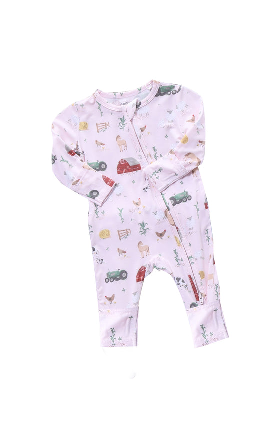 (Pre-order)LR1136 Pink Farm Print Baby Girls Fall Sleeper Zipper Romper