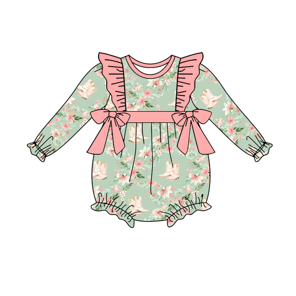 (Pre-order)LR1137 Flowers Boots Print Baby Girls Fall Romper