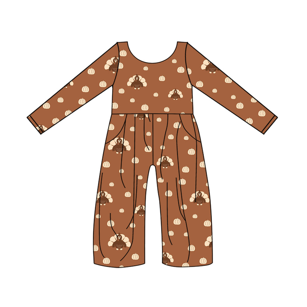 (Pre-order)LR1138  Turkey Pumpkin Print Pocket Girls Fall Jumpsuits