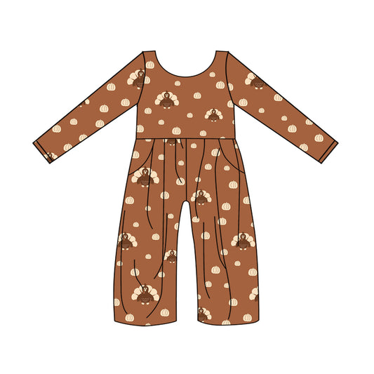 (Pre-order)LR1138  Turkey Pumpkin Print Pocket Girls Fall Jumpsuits