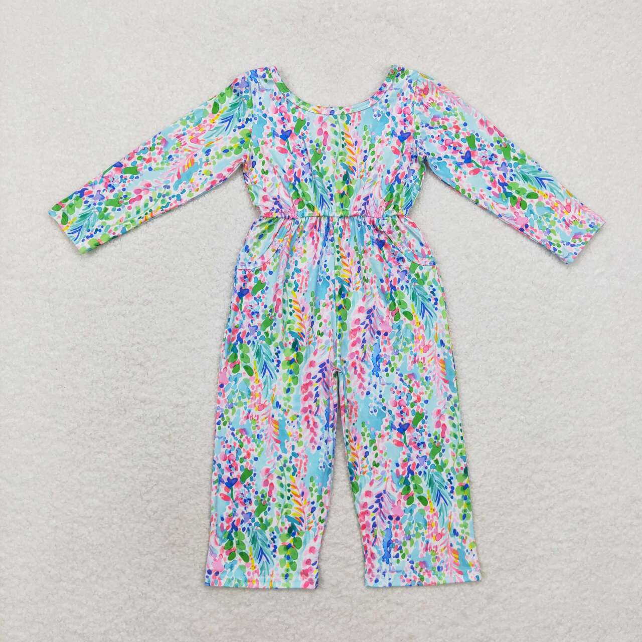 LR1141  Colorful Flowers Print Pocket Girls Fall Jumpsuits