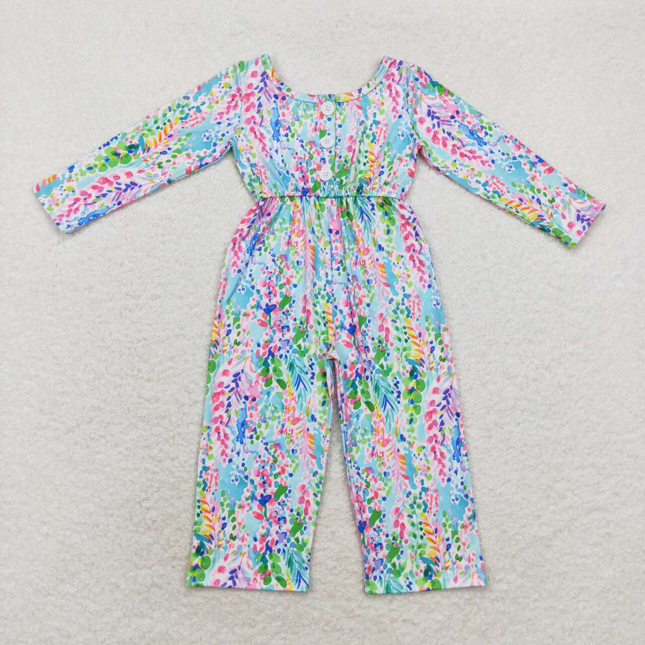 LR1141  Colorful Flowers Print Pocket Girls Fall Jumpsuits