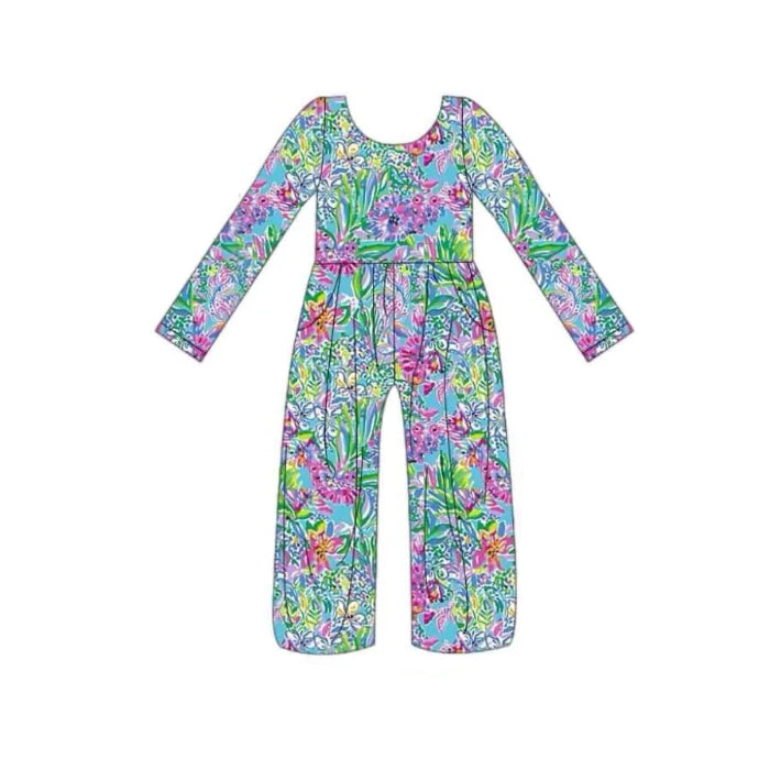 (Custom Design Preorder MOQ 5) Purple Green Seaweed Print Pocket Girls Fall Jumpsuits