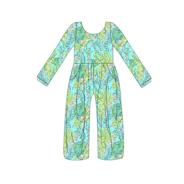 (Pre-order)LR1143  Blue Green Seaweed Print Pocket Girls Fall Jumpsuits