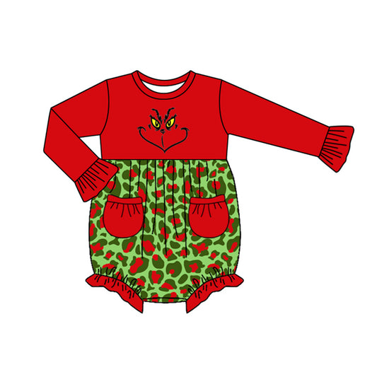 (Pre-order)LR1151 Green Frog Face Leopard Print Baby Girls Christmas Romper