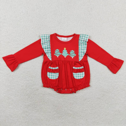 LR1161 Tree Red Print Baby Girls Christmas Romper