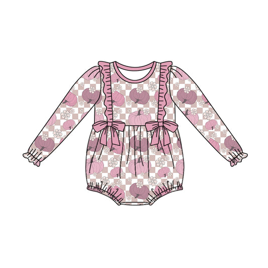 (Pre-order)LR1163 Pink Pumpkin Flowers Print Baby Girls Fall Romper